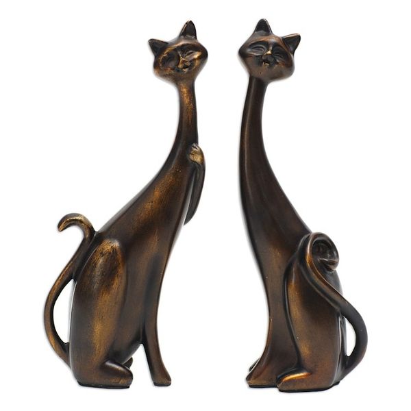 Alternate image for Set of 2 Golden Cement and Lava Sand Cat Sculptures Fanciful Felines