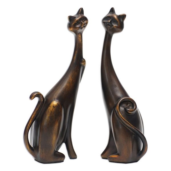 Alternate image for Set of 2 Golden Cement and Lava Sand Cat Sculptures Fanciful Felines