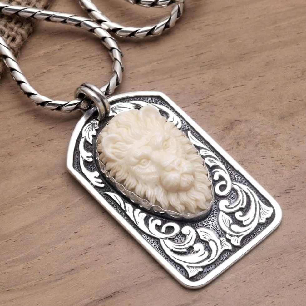 Sterling Silver and Bone Lion Pendant Necklace 'Lion's Pride'