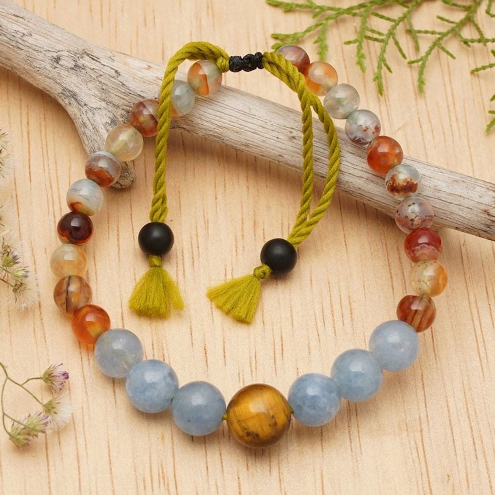 Balinese Artisan-Made Aquamarine and Tiger's Eye Bracelet 'Inner Earth'