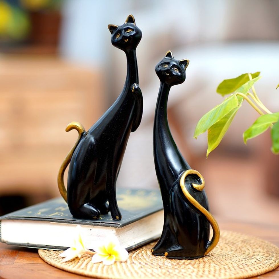 Set of 2 Black Cement and Lava Sand Cat Sculptures 'Feline Mystery'