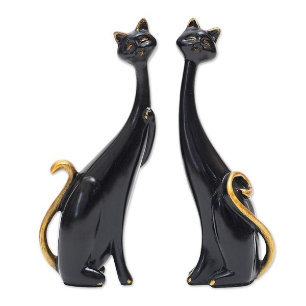 Alternate image for Set of 2 Black Cement and Lava Sand Cat Sculptures Feline Mystery