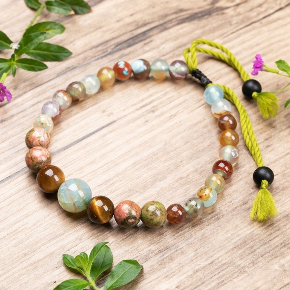 Adjustable Green Multi-Gemstone Beaded Bracelet from Bali 'Hopeful Sense'
