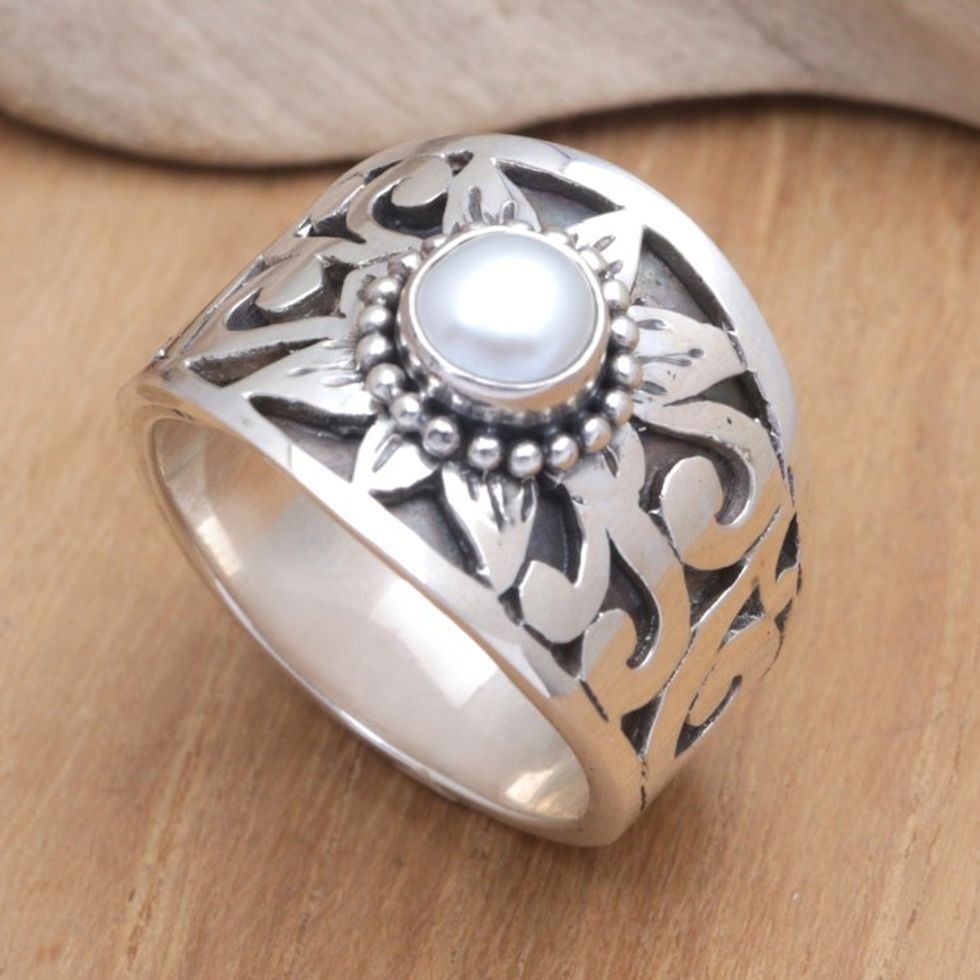 Floral Cultured Pearl Single Stone Ring Crafted in Java 'Dame of the Garden'