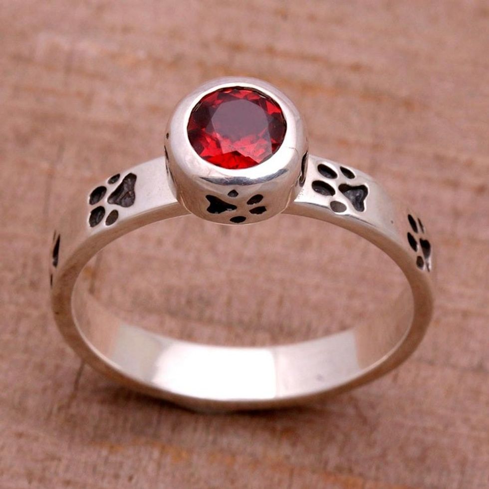 Garnet and Sterling Silver Single Stone Ring from Bali 'Paws for Celebration'