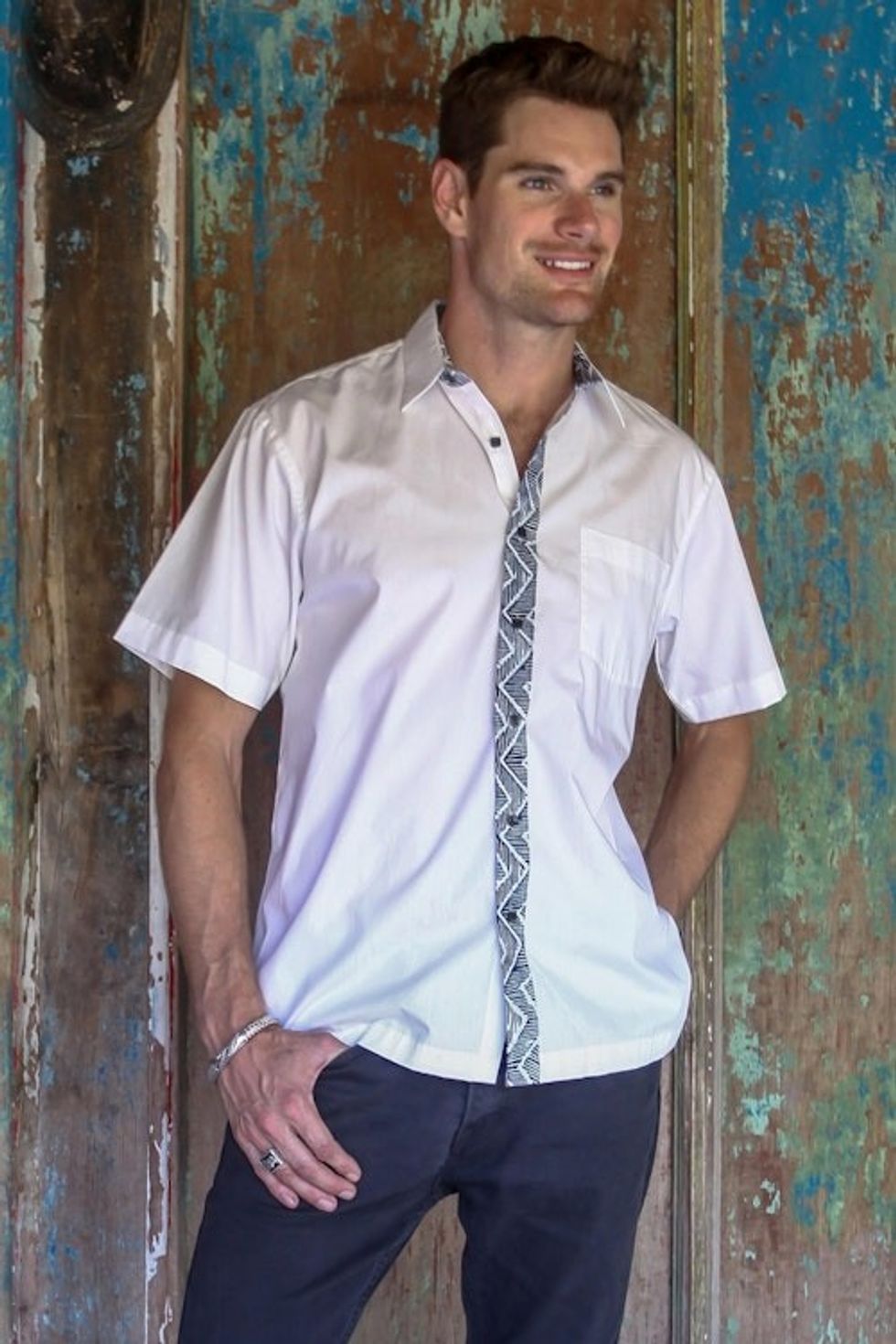 Hand Stamped Batik Accents on White Cotton Shirt For Men 'Blue Waves'