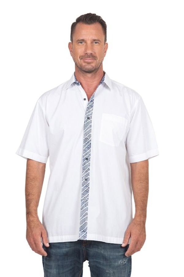 Alternate image for Hand Stamped Batik Accents on White Cotton Shirt For Men Blue Waves