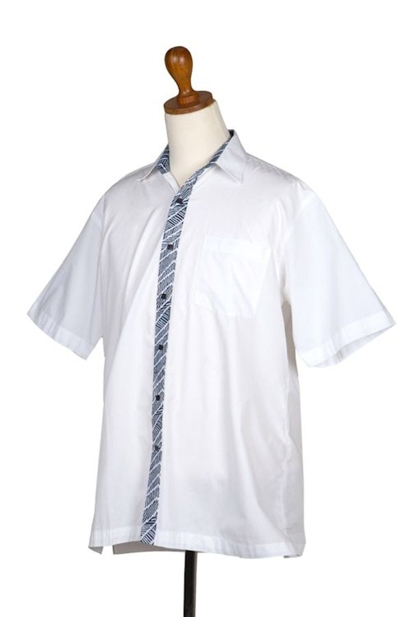 Alternate image for Hand Stamped Batik Accents on White Cotton Shirt For Men Blue Waves
