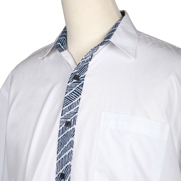 Alternate image for Hand Stamped Batik Accents on White Cotton Shirt For Men Blue Waves