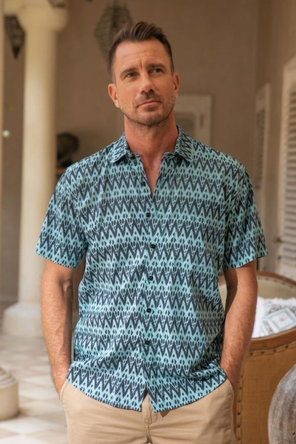 Men's Hand-Stamped Collared Cotton Shirt 'Heartbeats'