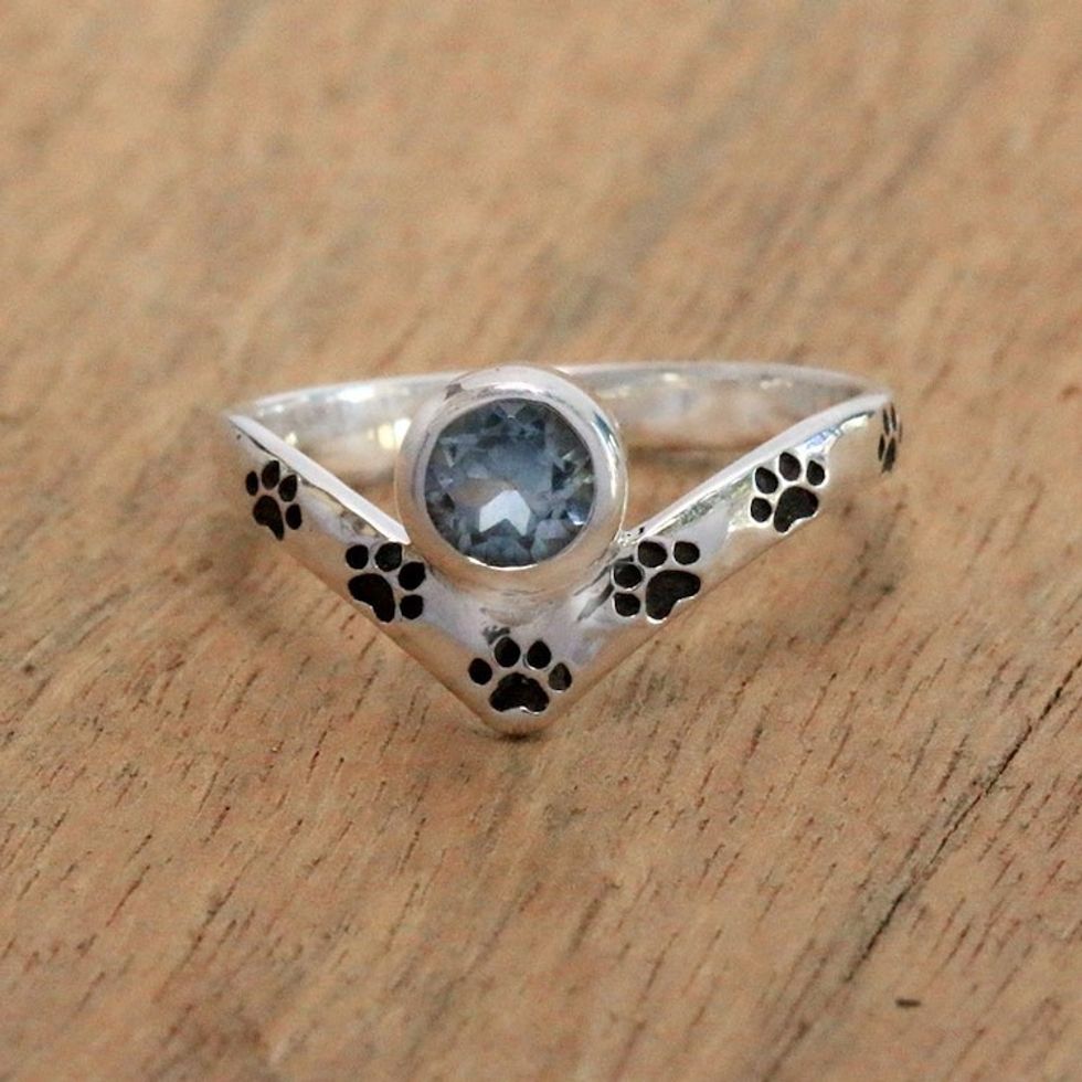 Paw Print Blue Topaz Cocktail Ring from Bali 'Puppy Chevron'