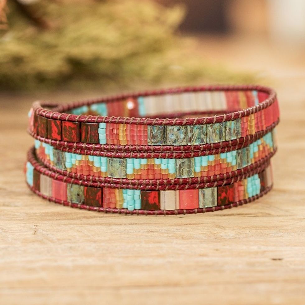 Handcrafted Glass Beaded Wrap Bracelet in Burgundy 'Santa Fe in Burgundy'