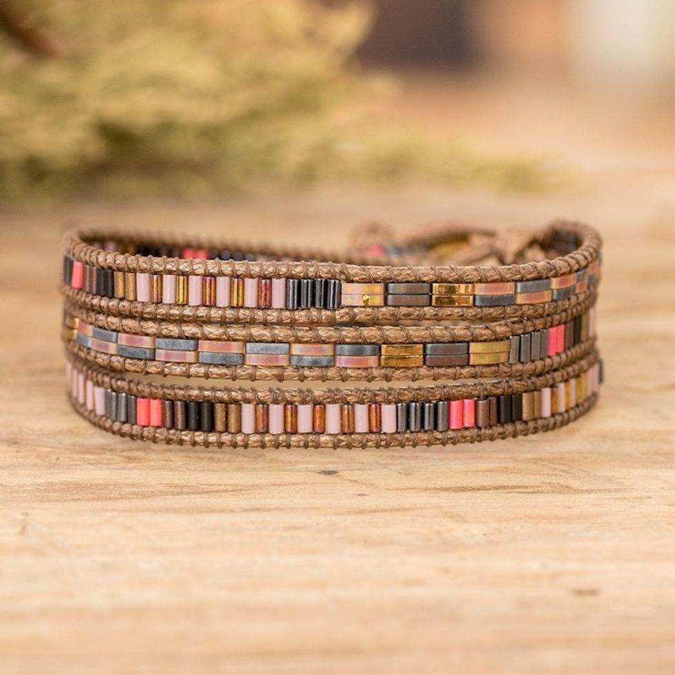 Glass Beaded Wrap Bracelet with Tibetan-Style Pewter Button 'Earthy Chic'