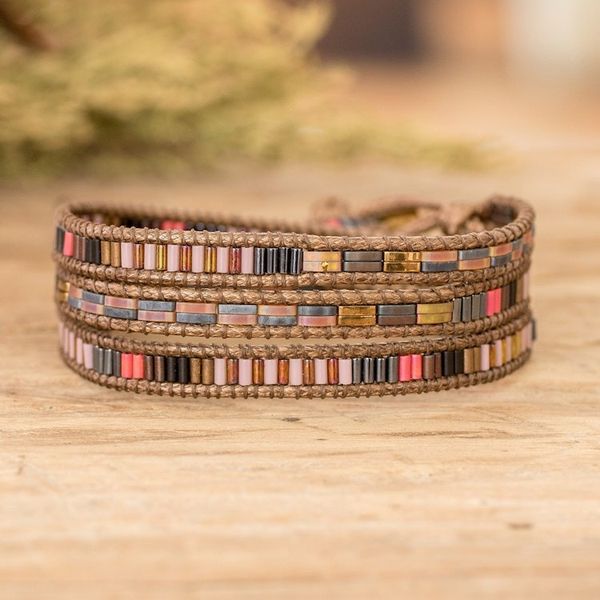 Alternate image for Glass Beaded Wrap Bracelet with Tibetan-Style Pewter Button Earthy Chic