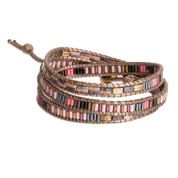 Alternate image for Glass Beaded Wrap Bracelet with Tibetan-Style Pewter Button Earthy Chic