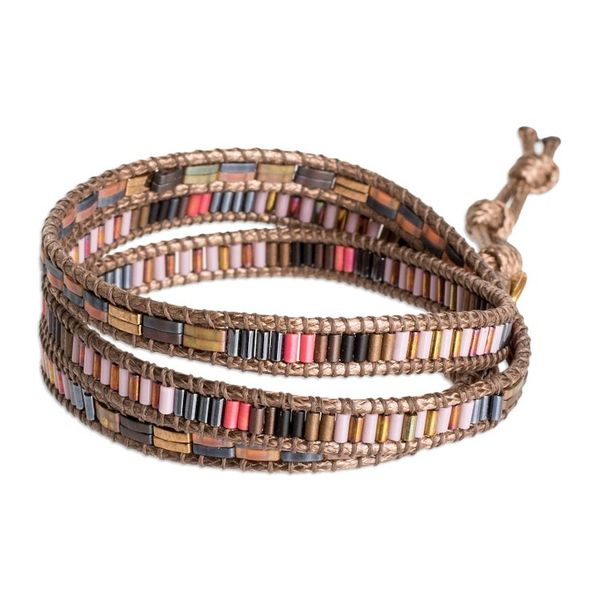 Alternate image for Glass Beaded Wrap Bracelet with Tibetan-Style Pewter Button Earthy Chic