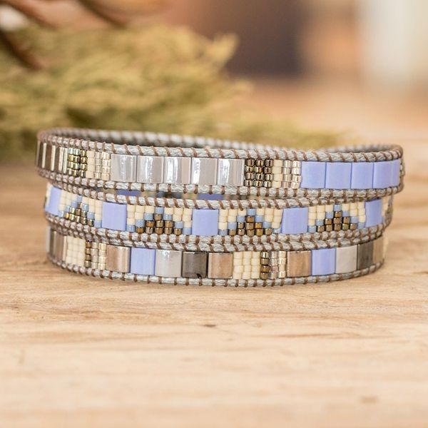 Alternate image for Handcrafted Grey Blue Beige Glass Beaded Wrap Bracelet Santa Fe in Grey