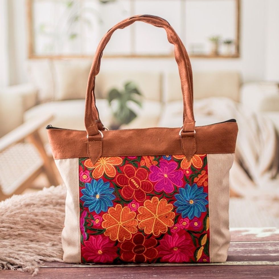 Brown and Ivory Tote Bag with Handwoven Floral Designs 'Floral Elegance'