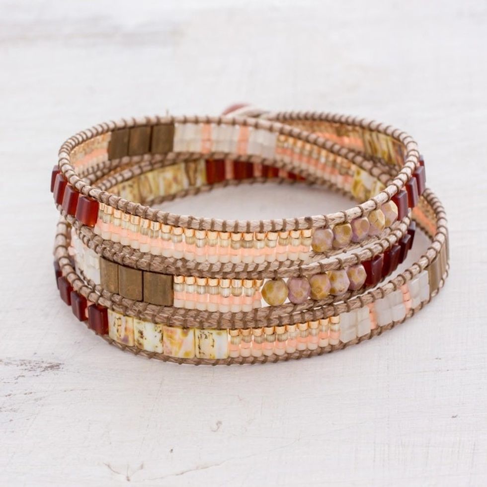 Aventurine Beaded Wrap Bracelet in Peach from Guatemala 'Mayan Architecture'