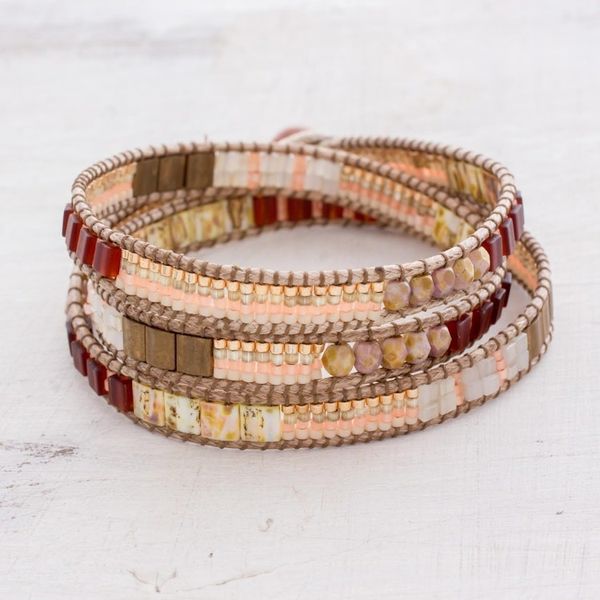 Alternate image for Aventurine Beaded Wrap Bracelet in Peach from Guatemala Mayan Architecture