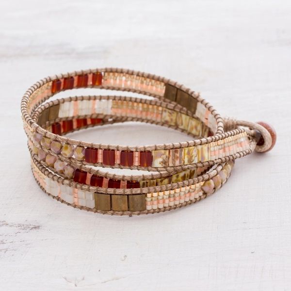 Alternate image for Aventurine Beaded Wrap Bracelet in Peach from Guatemala Mayan Architecture