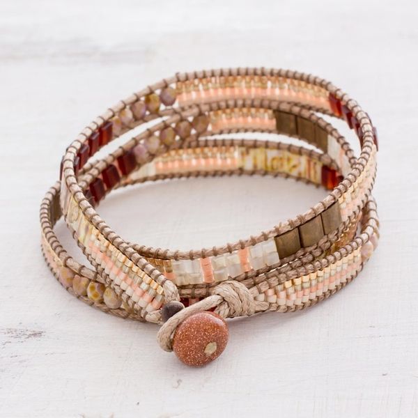 Alternate image for Aventurine Beaded Wrap Bracelet in Peach from Guatemala Mayan Architecture