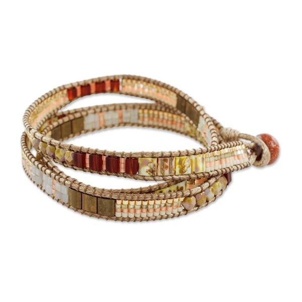 Alternate image for Aventurine Beaded Wrap Bracelet in Peach from Guatemala Mayan Architecture