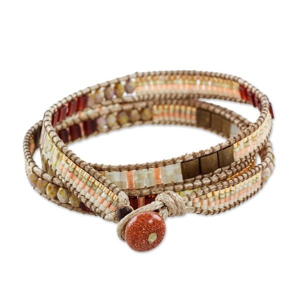 Alternate image for Aventurine Beaded Wrap Bracelet in Peach from Guatemala Mayan Architecture