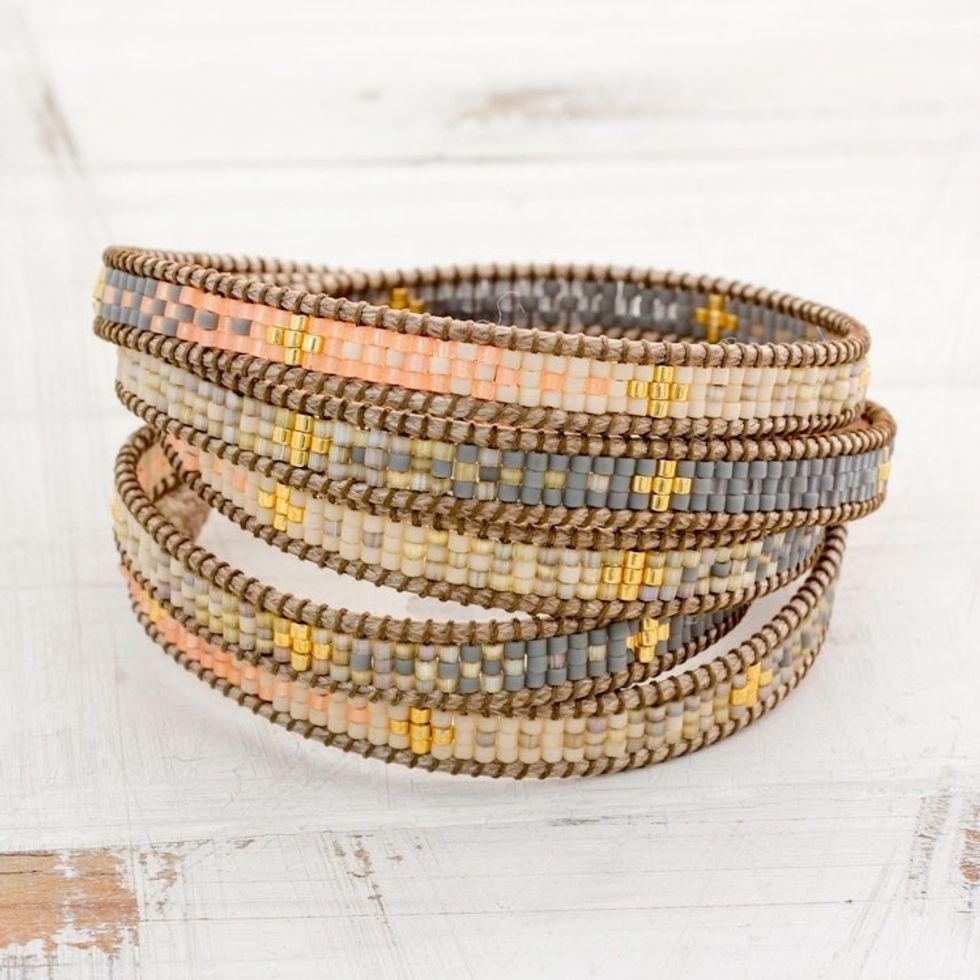 Colorful Glass Beaded Wrap Bracelet from Guatemala 'Cerro de la Cruz in Grey'