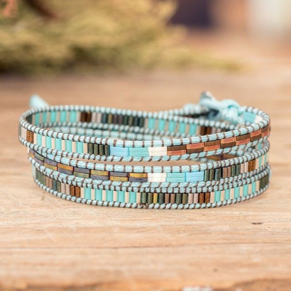 Alternate image for Handcrafted Sky Blue and Brown Glass Beaded Wrap Bracelet San Cristobal in Heaven