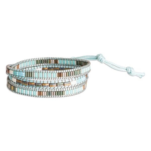 Alternate image for Handcrafted Sky Blue and Brown Glass Beaded Wrap Bracelet San Cristobal in Heaven