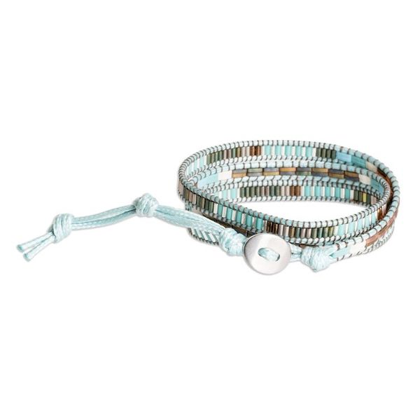 Alternate image for Handcrafted Sky Blue and Brown Glass Beaded Wrap Bracelet San Cristobal in Heaven