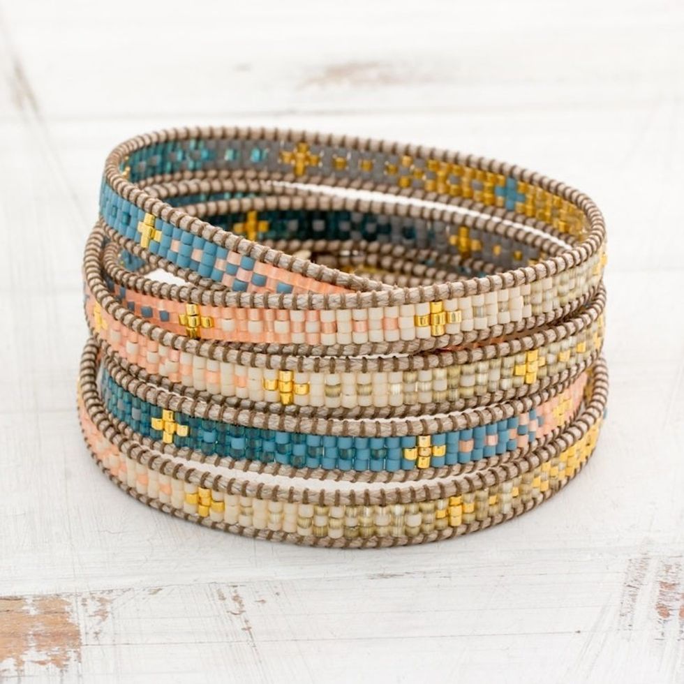 Colorful Glass Beaded Wrap Bracelet from Guatemala 'Cerro de la Cruz in Blue'