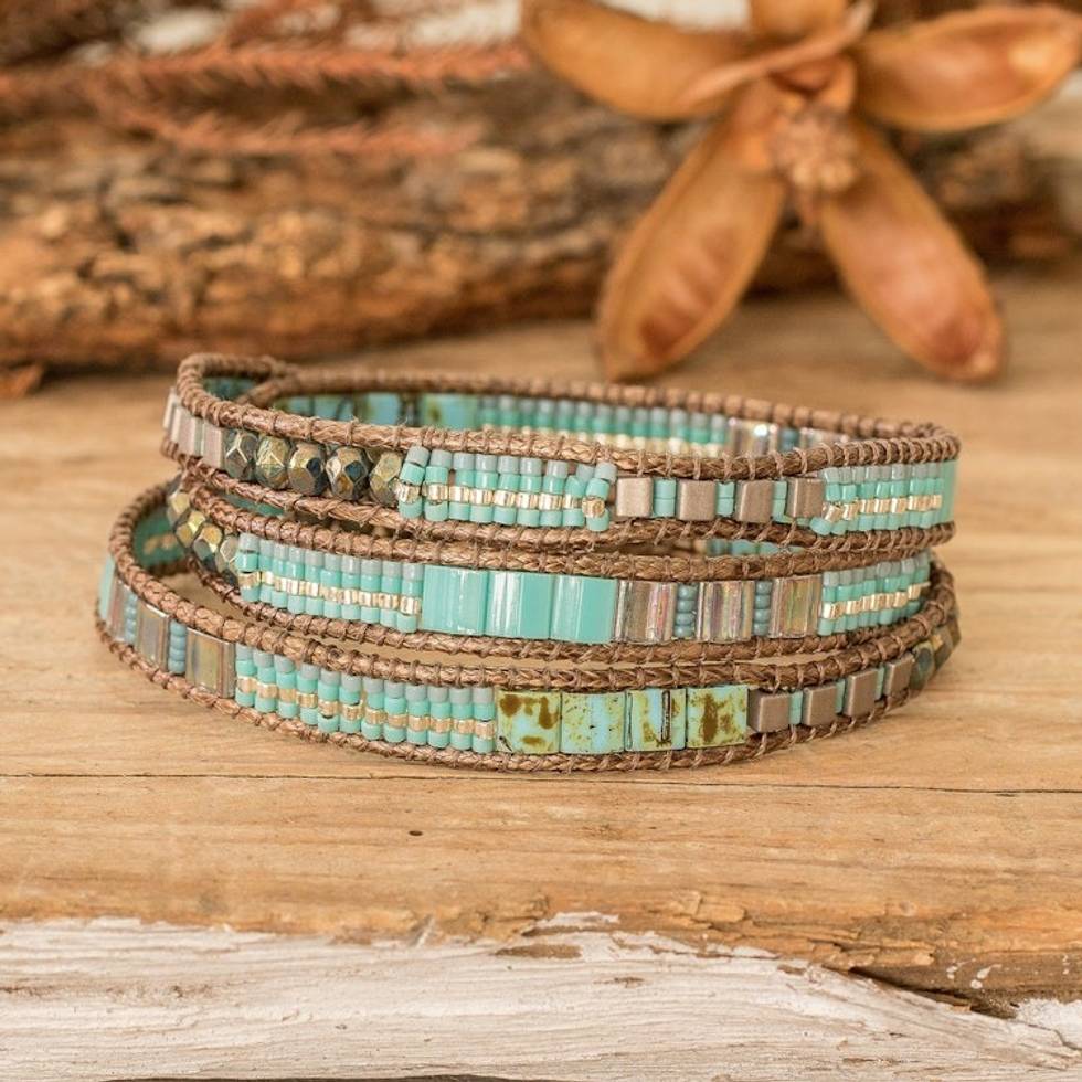 Glass Beaded Wrap Bracelet in Turquoise from Guatemala 'Mayan Monolith'