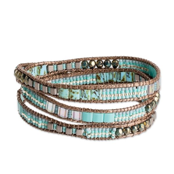 Alternate image for Glass Beaded Wrap Bracelet in Turquoise from Guatemala Mayan Monolith