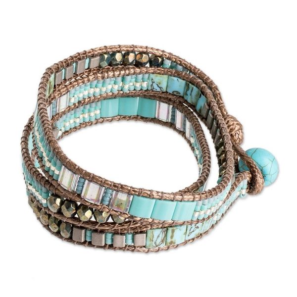 Alternate image for Glass Beaded Wrap Bracelet in Turquoise from Guatemala Mayan Monolith