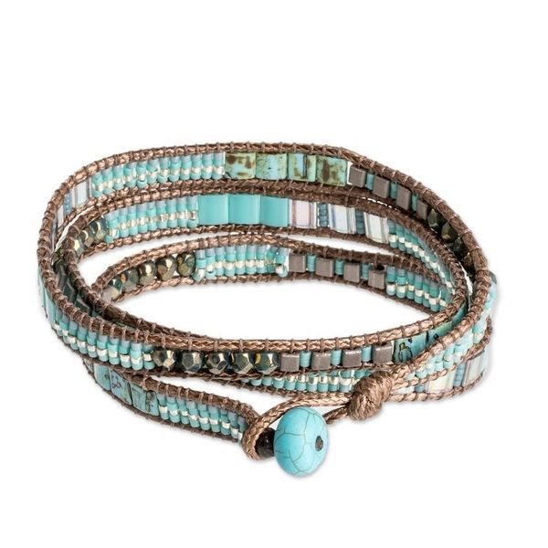 Alternate image for Glass Beaded Wrap Bracelet in Turquoise from Guatemala Mayan Monolith