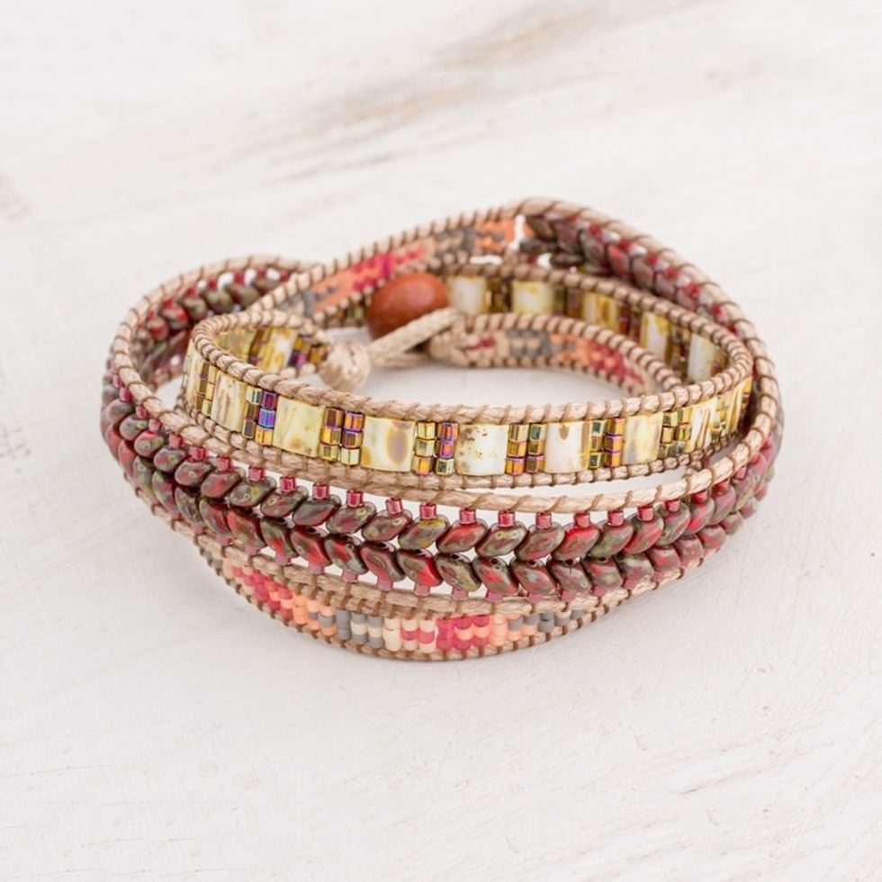 Handcrafted Glass Beaded Wrap Bracelet from Guatemala 'Country Land'