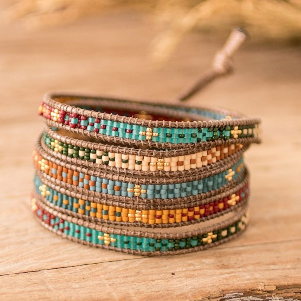 Handcrafted Glass Beaded Wrap Bracelet with Pewter Button 'Cerro de la Cruz in Brown'