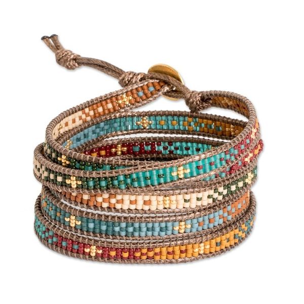 Alternate image for Handcrafted Glass Beaded Wrap Bracelet with Pewter Button Cerro de la Cruz in Brown
