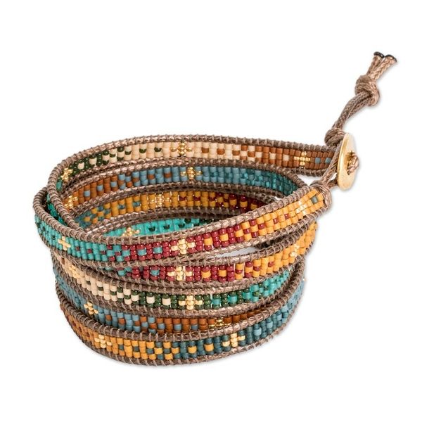 Alternate image for Handcrafted Glass Beaded Wrap Bracelet with Pewter Button Cerro de la Cruz in Brown
