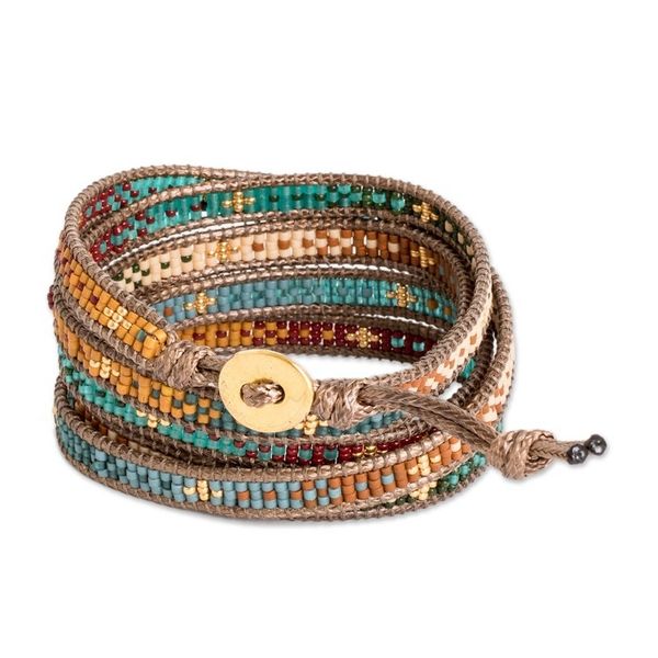 Alternate image for Handcrafted Glass Beaded Wrap Bracelet with Pewter Button Cerro de la Cruz in Brown