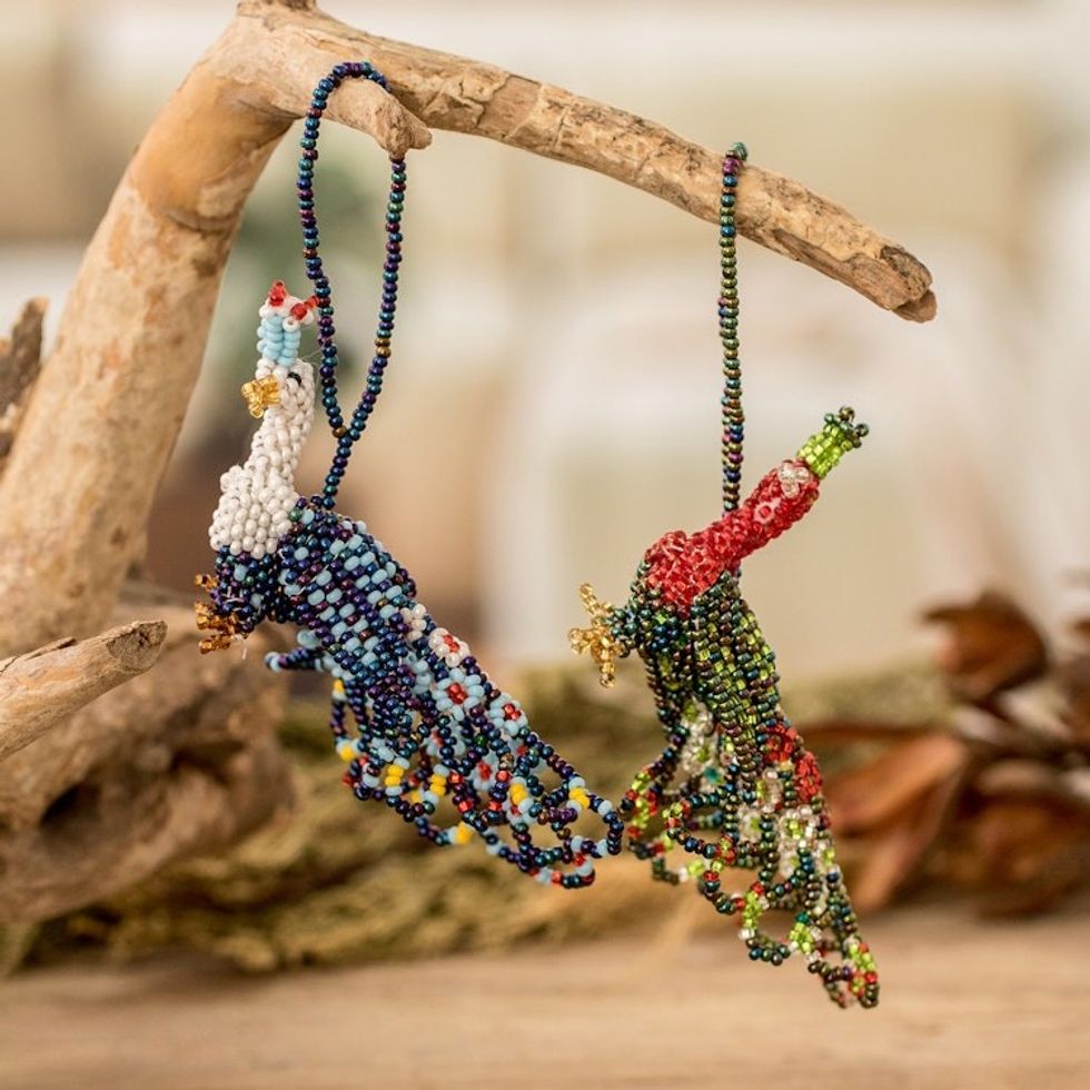 Pair of Glass Beaded Peacock-Themed Ornaments from Guatemala 'Peacock Splendor'