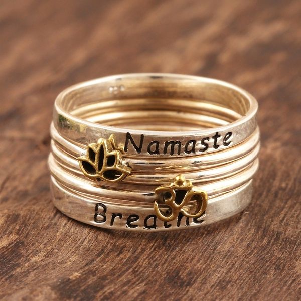 Alternate image for 5 Stackable Sterling Silver Rings Namaste and Breathe Peaceful Greetings