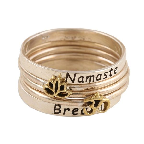 Alternate image for 5 Stackable Sterling Silver Rings Namaste and Breathe Peaceful Greetings