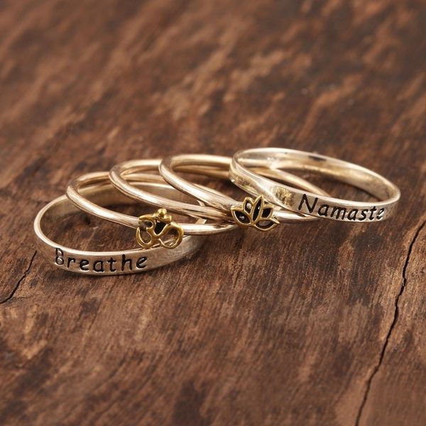 Alternate image for 5 Stackable Sterling Silver Rings Namaste and Breathe Peaceful Greetings