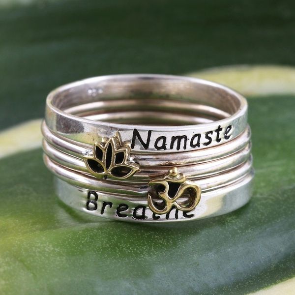 Alternate image for 5 Stackable Sterling Silver Rings Namaste and Breathe Peaceful Greetings