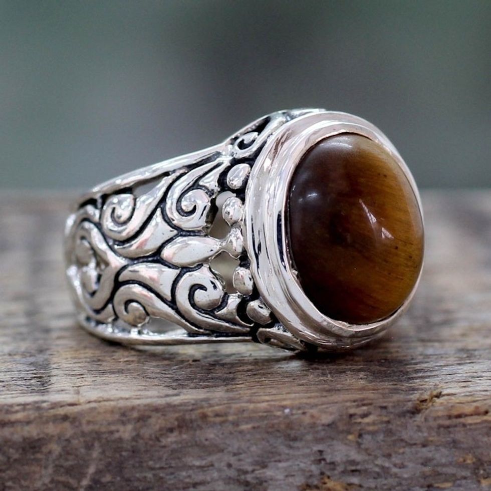Tigers Eye and Sterling Silver Cocktail Ring from India 'Earthy Romance'