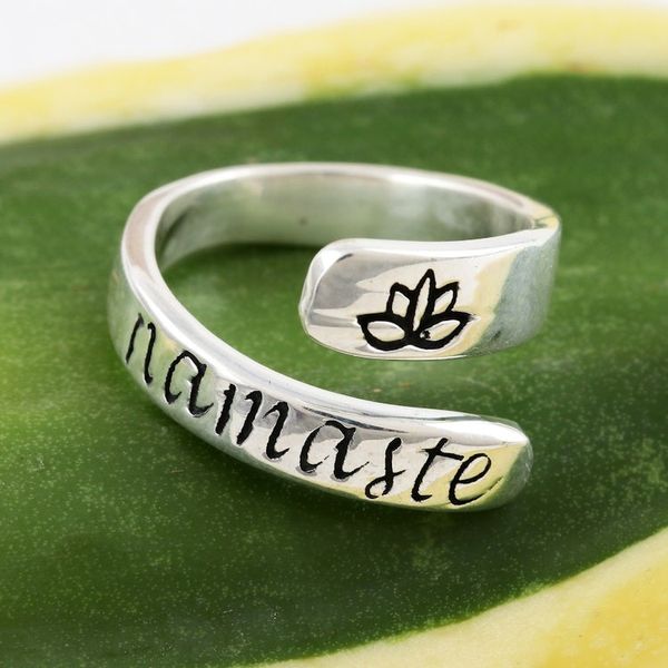 Alternate image for Sterling Silver Wrap Ring Namaste Lotus Inscription Lotus Namaste