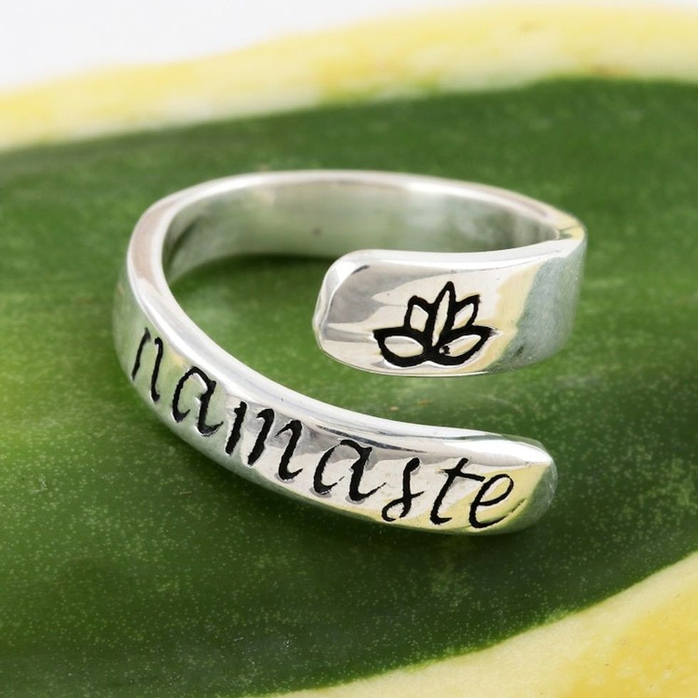 Sterling Silver Wrap Ring Namaste Lotus Inscription 'Lotus Namaste'